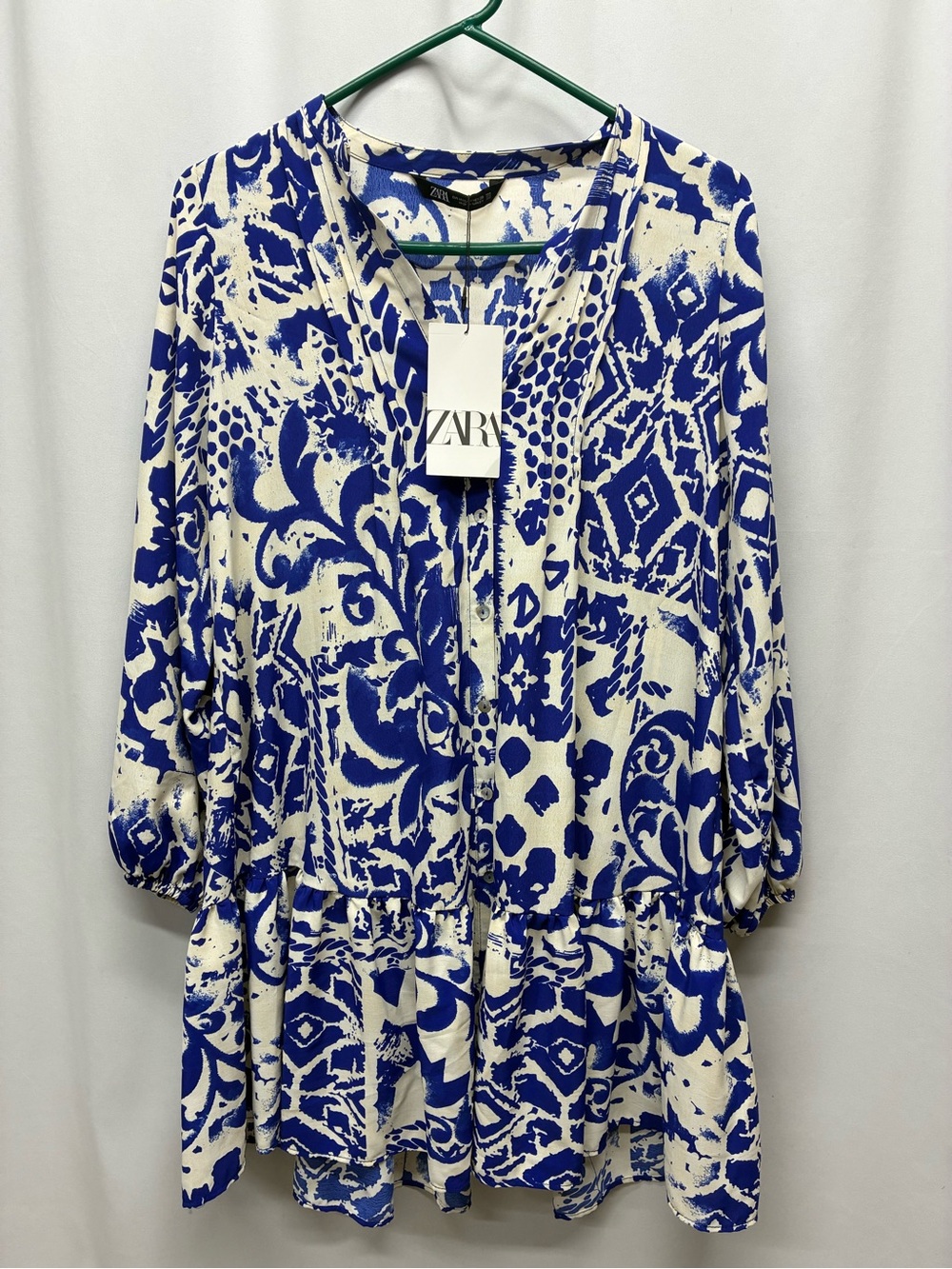Zara mini dress flowy tiered button blue abstract printed size medium boho NWT